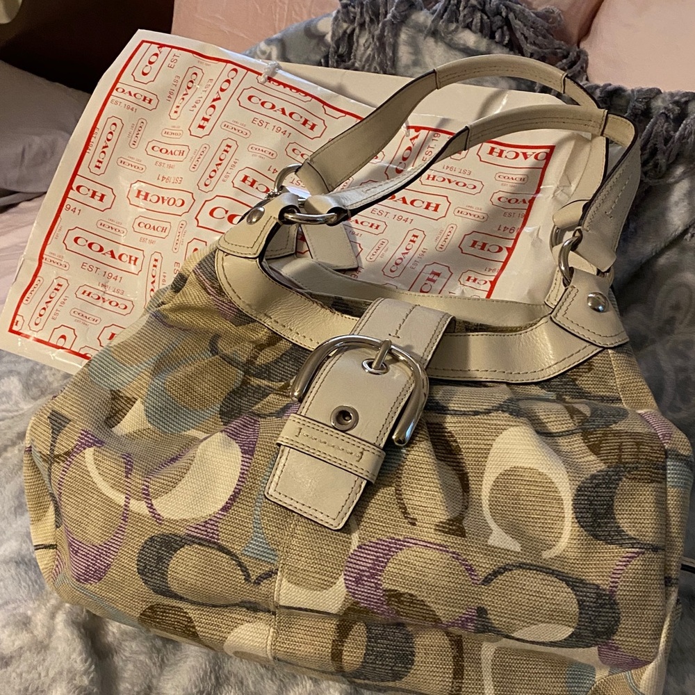 Mother’s Day Gift:  Coach Signature Canvas Shoulder Bag in Cream, tan and lilac